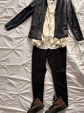 Edgy Chic Neutral Outfit | Moto Jacket + Sheer Blouse + Jeggings + Hightops
